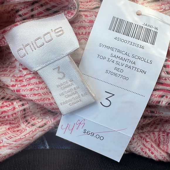 Chico's Size 3 US XL Symmetrical Scrolls Samantha Top 3/4 Sleeves NWT - Picture 4 of 4